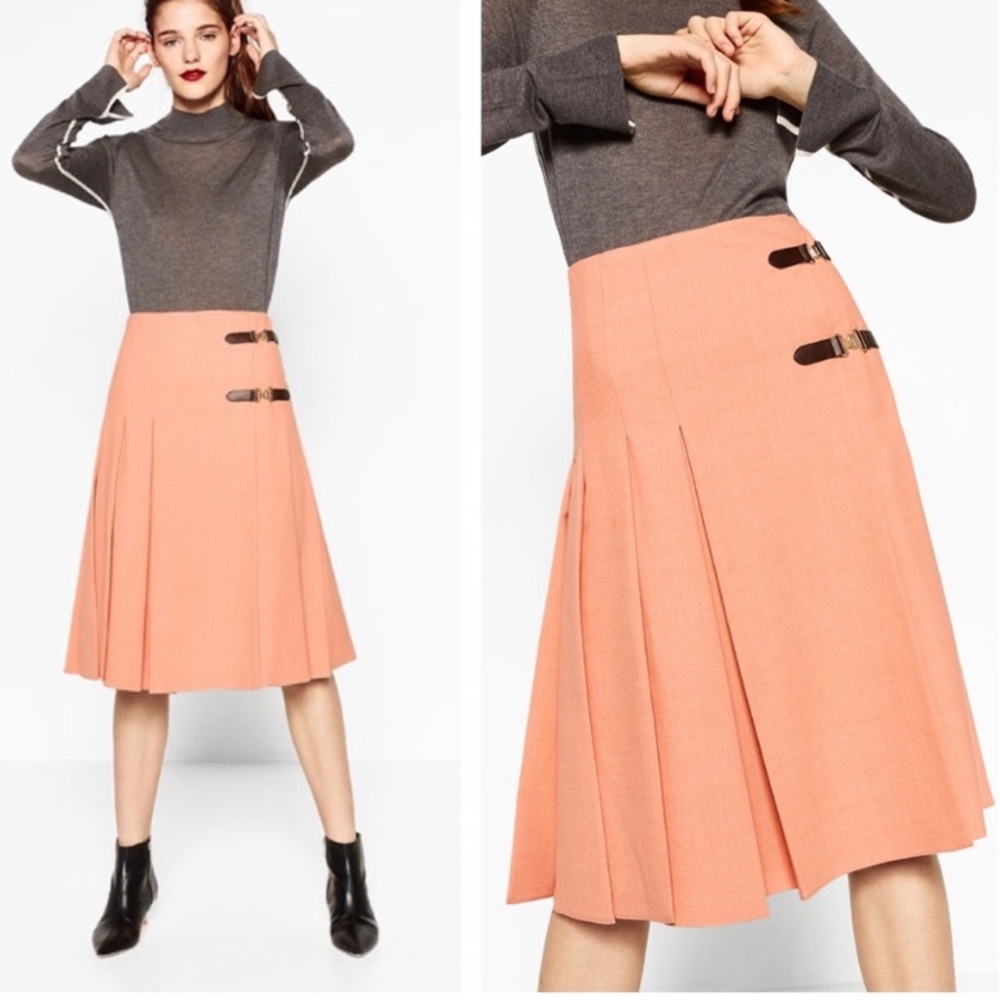 Zara Salmon Pleated Kilt Skirt with Buckle Detail